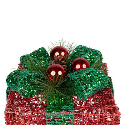 Set Of 3 LED Lighted Red And Green Glitter Threaded Gift Boxes Outdoor Christmas Decoration