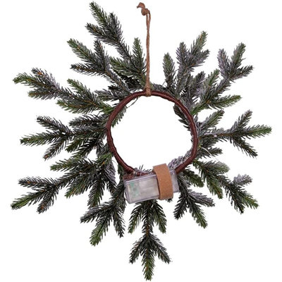 Couronne de Noël en pin floquée à DEL - Vert - Couronne à piles de 18 pouces avec 20 lumières chaudes