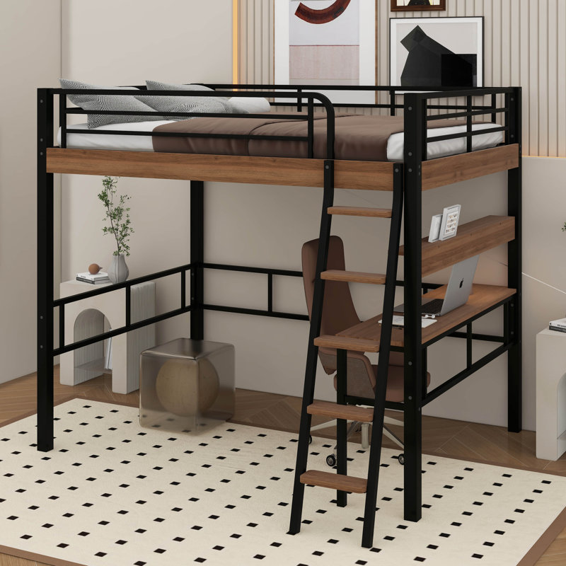 Lit mezzanine double en métal avec bureau intégré, tablette de rangement et échelle