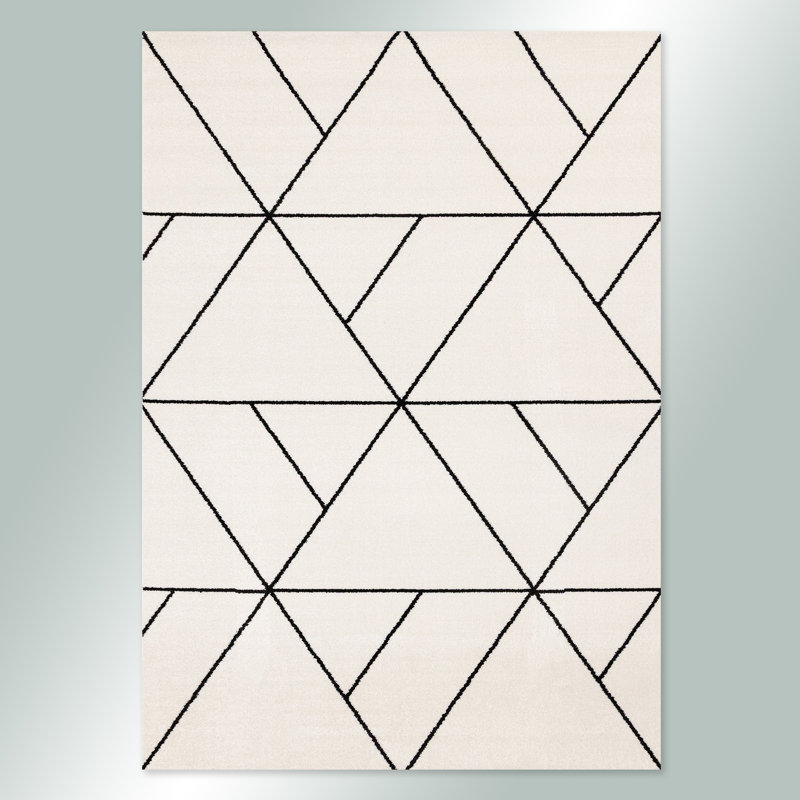 Kempst White Black Geometric Lines Area Rug, Rectangle 7 pi 10 po x 10 pi 6 po