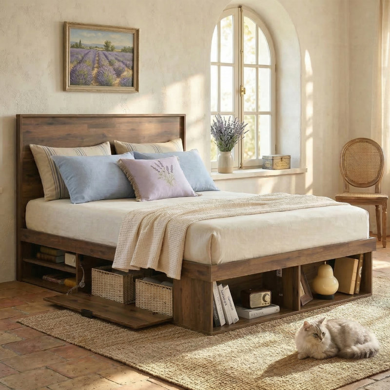 Lit plateforme moderne avec rangement à compartiments et compartiments ouverts, Lit double, Taupe
