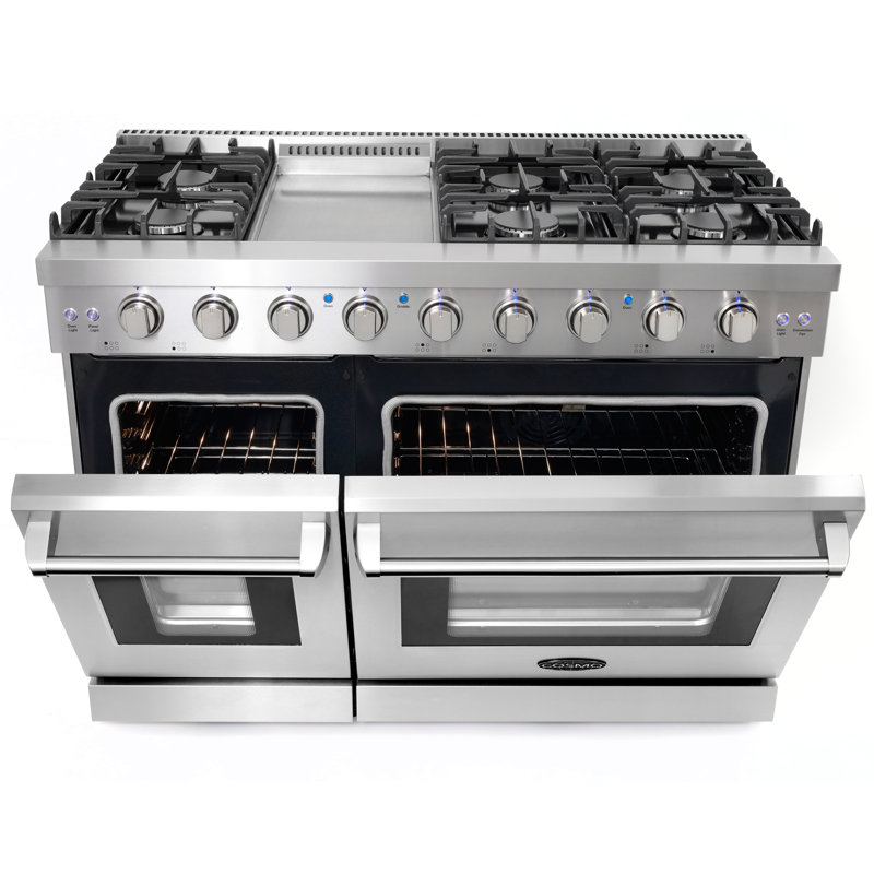 Cosmo 48 po 7 pieds cubes Pi. Cuisinière à gaz double four, 6 brûleurs, plaque chauffante, convection, boutons à DEL, acier inoxydable, poignée noire matte