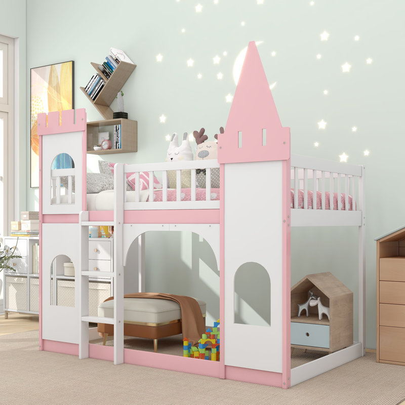 Bedminster Kids Twin Over Twin Bunk Bed, White/Pink
