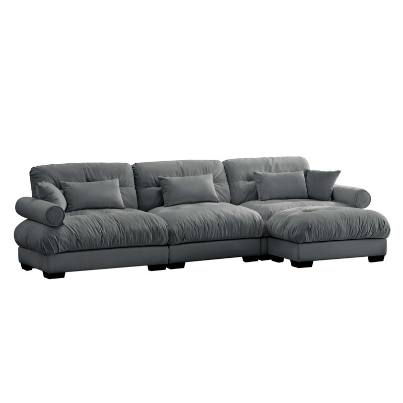 L-Shape 3 Deep Seat Modular Sofa Couch With 1 Movable Ottomans, Gray Velvet