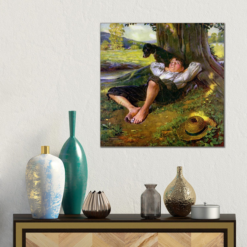 « barefoot garçon rêvasser » par norman rockwell, reproduction d’art sur toile tendue, H 18 po x l 18 po x P 1,5 po