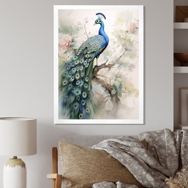 Baldassarre bleu encre délavée paon II - paon grand art mural, H 20 po x l 12 po, Cadre simple blanc