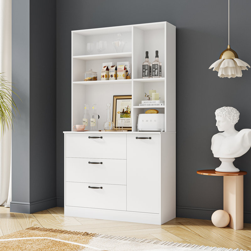 Armoire de cuisine sur pied avec 3 tiroirs et tablettes ouvertes