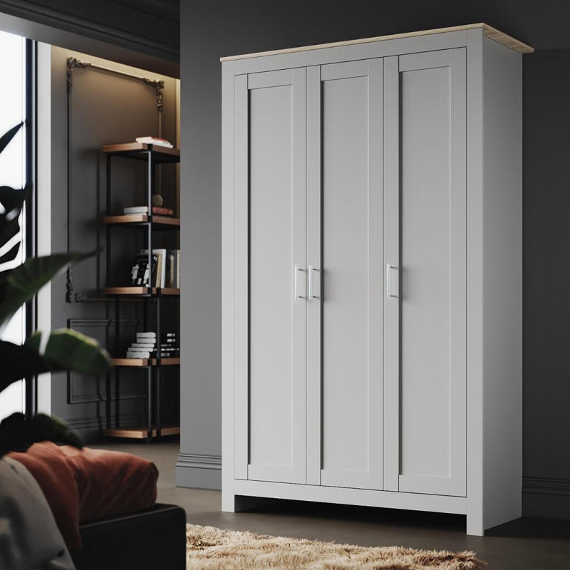 180*112*49.5cm, Solid Wood Multi-Layer Storage with Hooks,3-Door Wardrobe, Grey/Oak