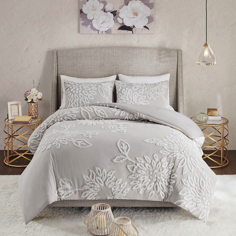Housse de couette en coton 3 pièces pour lit très grand / très grand - gris chaud avec motif floral
