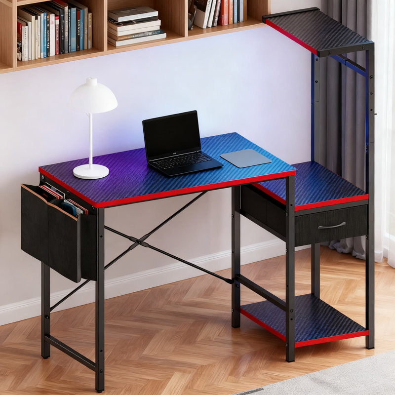 Bureau de jeu compact avec lumières DEL et rangement, petit bureau d'ordinateur avec support pour unité centrale réglable, tiroir en tissu et tablettes pour le bureau à domicile et les jeux