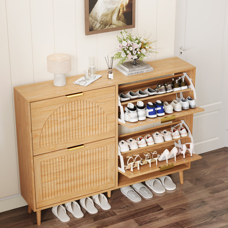 47.2" W 32 Pairs Shoe Storage Cabinet with 4 Flip Drawers, Freestanding Shoe Cabinet with Fluted Panel for Entryway, Beige