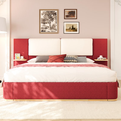 Red Queen Bed Frame Upholstered Platform, Soft Cushion, Quiet Use, Slats, Side Shelves For Tidiness Size Platform Frame, - Collision Design,