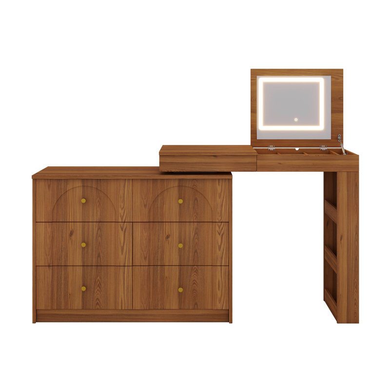Bureau de coiffeuse avec miroir et lumières, plateau de table et tiroirs, compartiments, tablettes