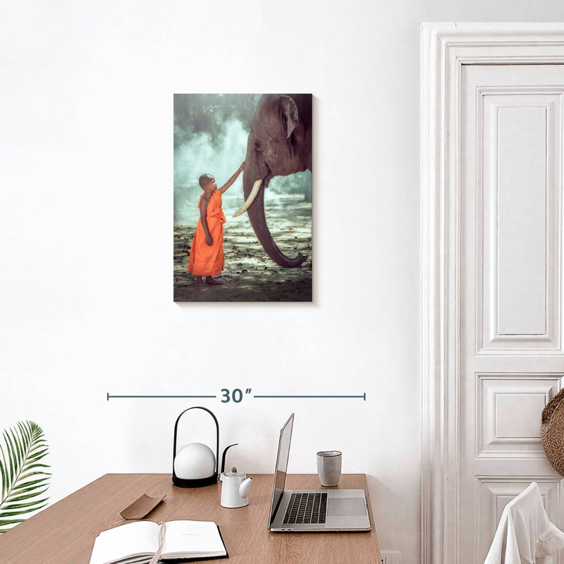 Brampt Young Monk And Elephant, 24" H x 16" W