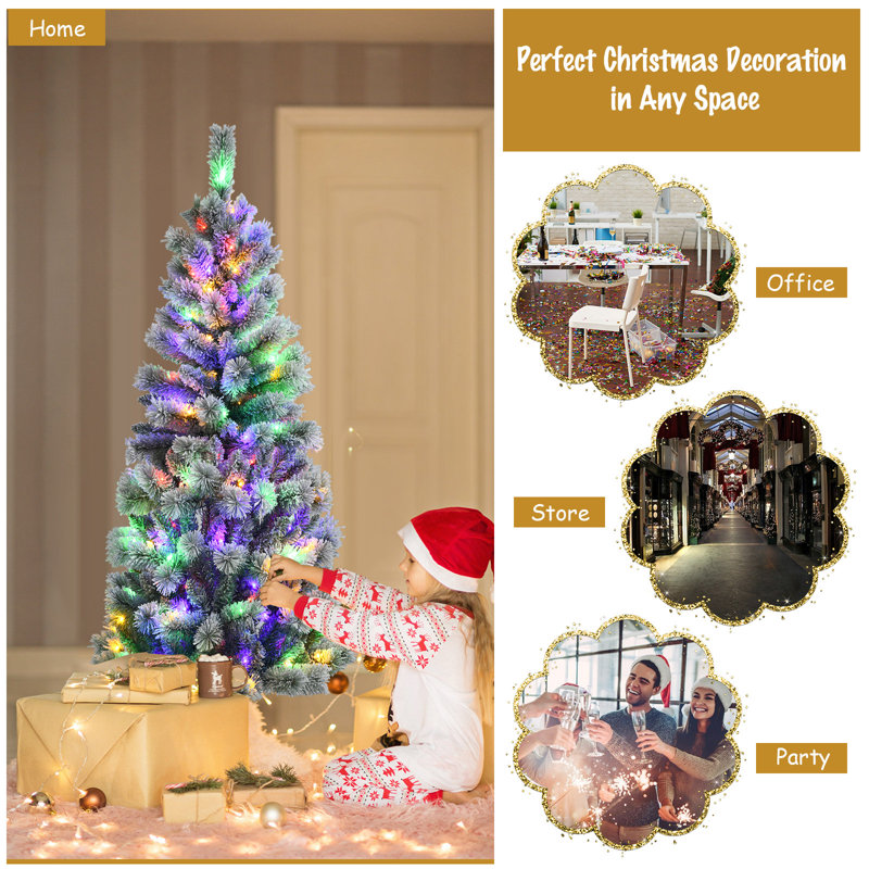 6ft Pre-Lit Snow Flocked Pine Christmas Tree with Multi-Color LED Lights