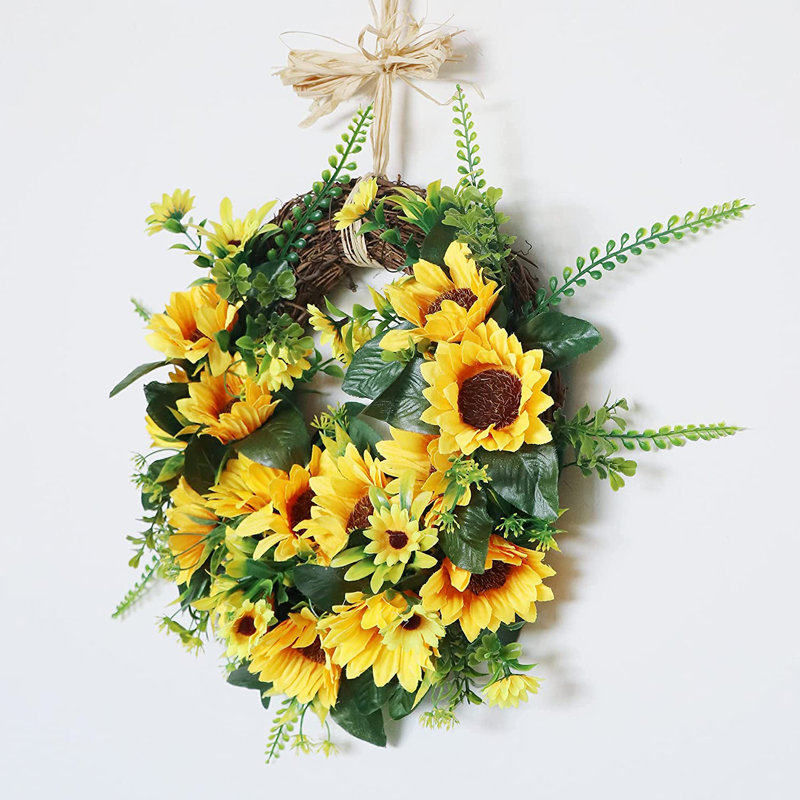 Couronne de tournesol artificielle 15 po pour votre porte d'entrée Ansuma