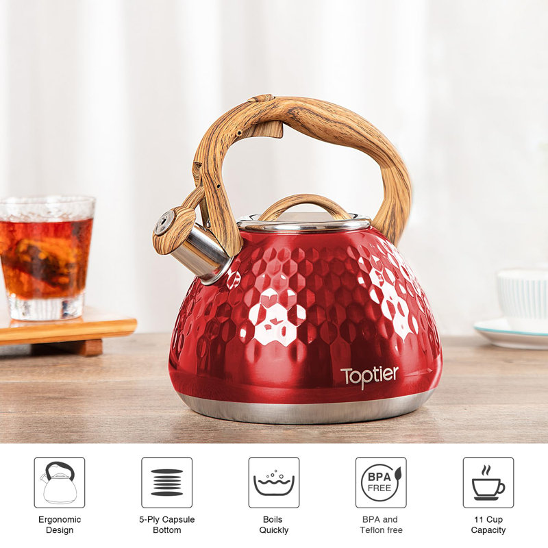 2.7-Quart Tea Kettle, Toptier Teapot Whistling Kettle with Wood Pattern Handle Loud Whistle
