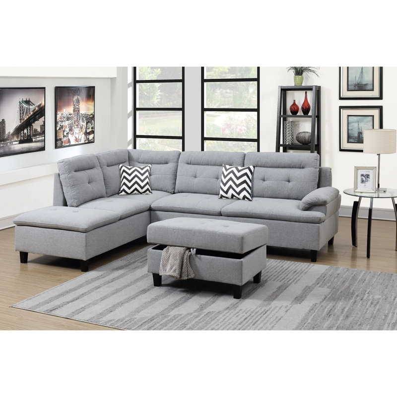 Canapé modulaire contemporain gris avec canapé moderne en tissu lin 4 pièces, Gris chenille