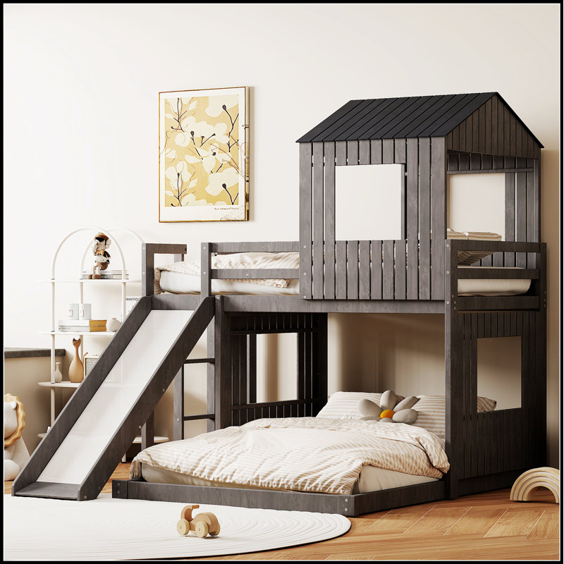 Lit superposé en bois avec maisonnette, glissade et garde-corps pour le plaisir et la sécurité, Grey