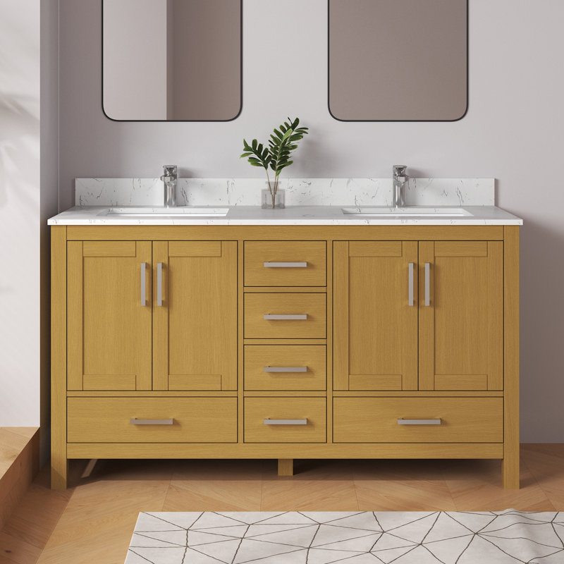 Aura 60'' Fully Assembled Single Bathroom Vanity Set With Solid Surface Engineered Marble Top and Backsplash, Oak, 60"