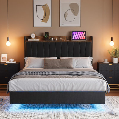Upholstered Floating Bed Frame with LED Lights, USB Charging & Storage Headboard - Full Size