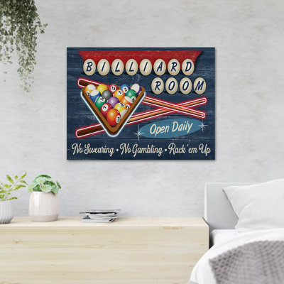 «Billiard Game - Billiard Room Open Daily No Swearing No Gamling Rack 'Em Up», reproduction d'art graphique sur toile tendue