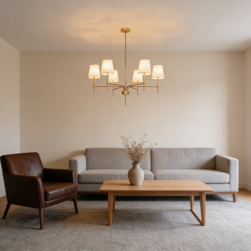 Lustre transitionnel 6 lumières avec abat-jour en tissu blanc, luminaire suspendu en laiton antique à hauteur réglable pour salle à manger, îlot de cuisine, salon, chambre à coucher
