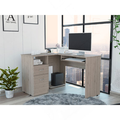 Mix L-Shaped Desk, Keyboard Tray, Two Drawers, Single Open Shelf -Light Gray
