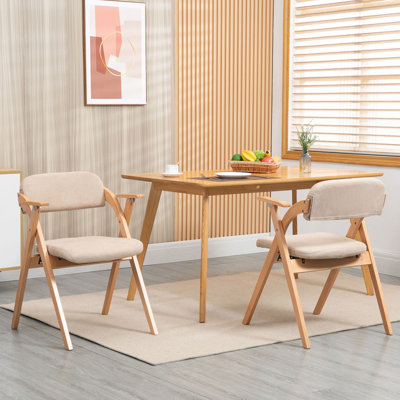 Folding Chairs with Armrest, Wooden Stackable Foldable Dining Chair with Padded Seats Set of 2, Khaki