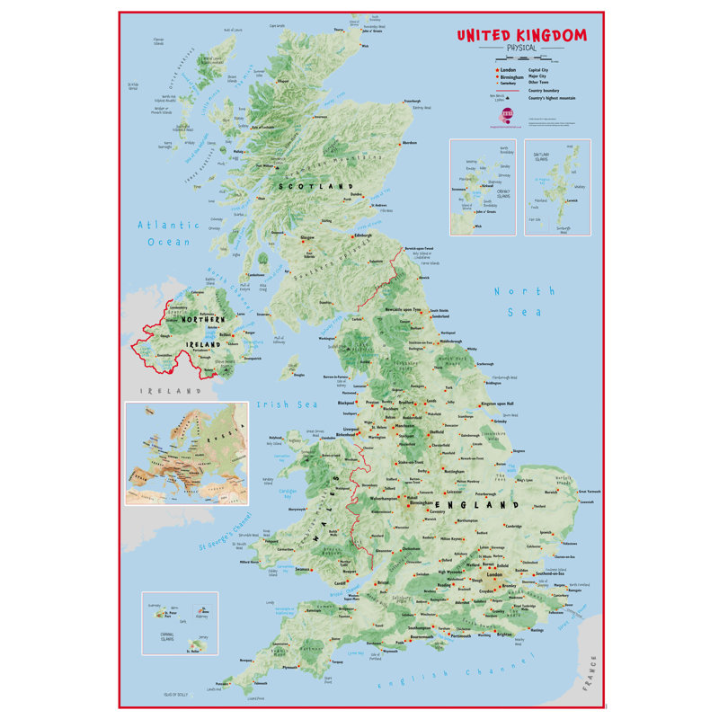 Large Primary UK Wall Map Physical - No Frame Print, 118.9cm H x 84.1cm W x 0.5cm D