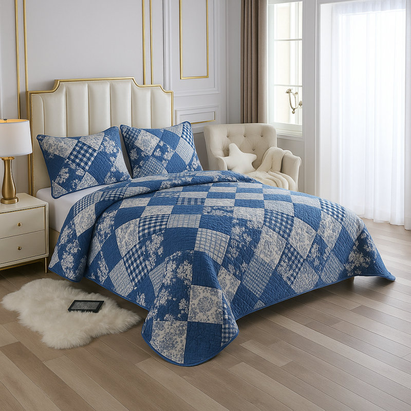 Blue Patchwork Quilt Set 3 Piece Lightweight Bedspread All Season Soft Bedding, California King Quilt + 2 Shams