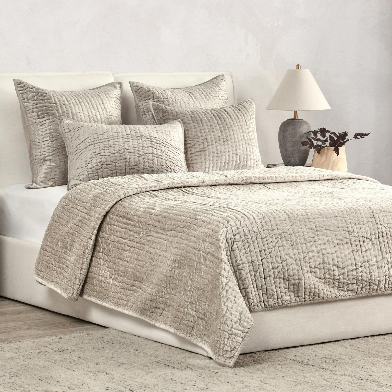 Tasmin Velvet Quilt, Queen Quilt, Pebble Beige