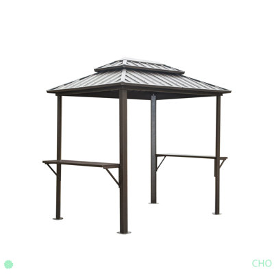 Grill Gazebo, Aluminum BBQ Gazebo Outdoor Metal Frame With Shelves Serving Tables, Permanent Double Roof Hard Top Gazebos For Patio Lawn Deck Backyard And Garden
