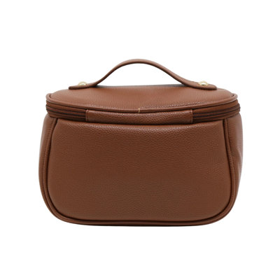 Dublin Travel Cosmetic Bag With Top Handle, Faux Pebbled Supple Leather Makeup Bag With Gold Hardware, Brush Pocket With Protective Flap
