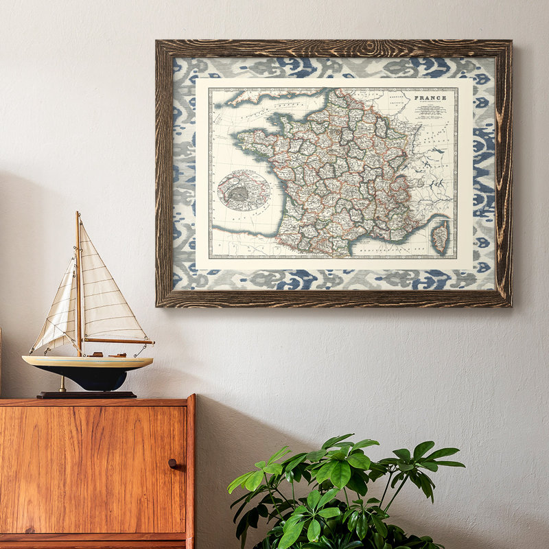 Border Map of France - Reproduction d'un seul cadre photo sur toile, Cadre noyer, H 14 po x l 20 po x P 1,5 po
