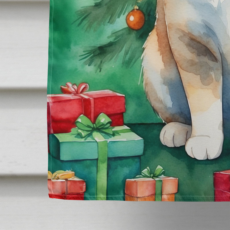 Chat avec le drapeau de la cabane dans l'arbre de Noël, Poil court exotique
