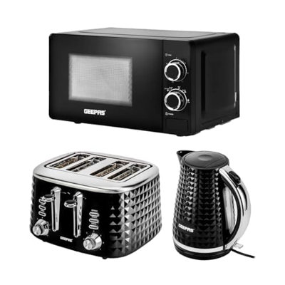GEEPAS Electric Kettle 4 Slice Bread Toaster & Microwave Kitchen Set | 2200W 1.7L Textured Cordless Kettle | 1750W Toaster With 7 Level Browning Control | 700W Solo Manual Dial Microwave 20L