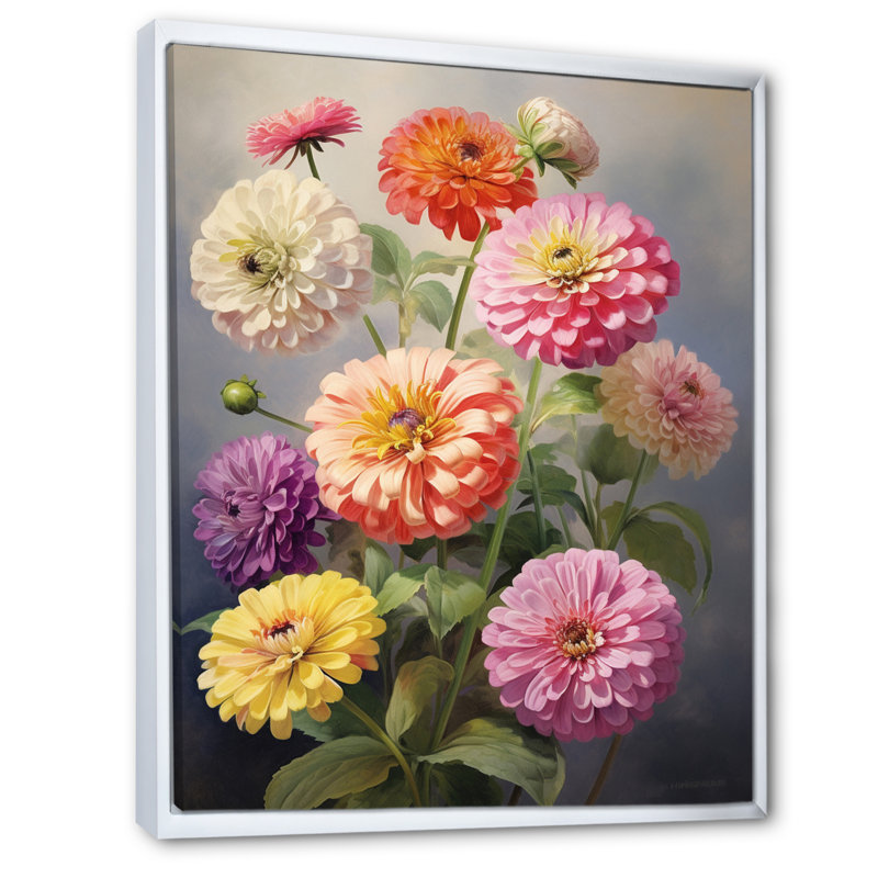 "Colorful Zinnias", impression romantique sur toile encadrée, H 32 po x l 24 po x P 1 po, Cadre flottant blanc