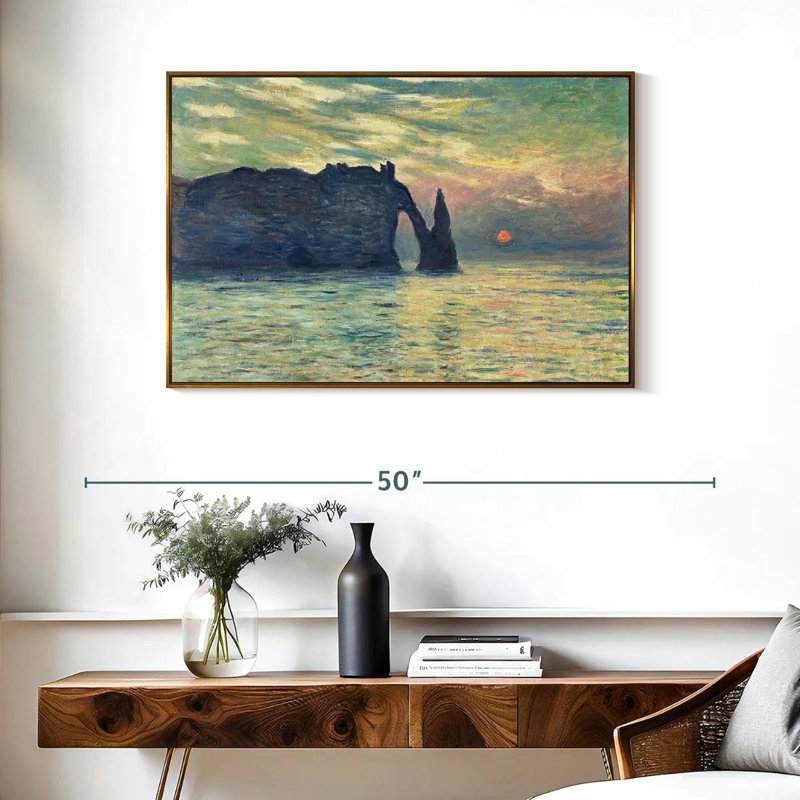 Coucher de soleil sur la falaise d'Etretat, Cadre flottant doré, 37 po x 25 po