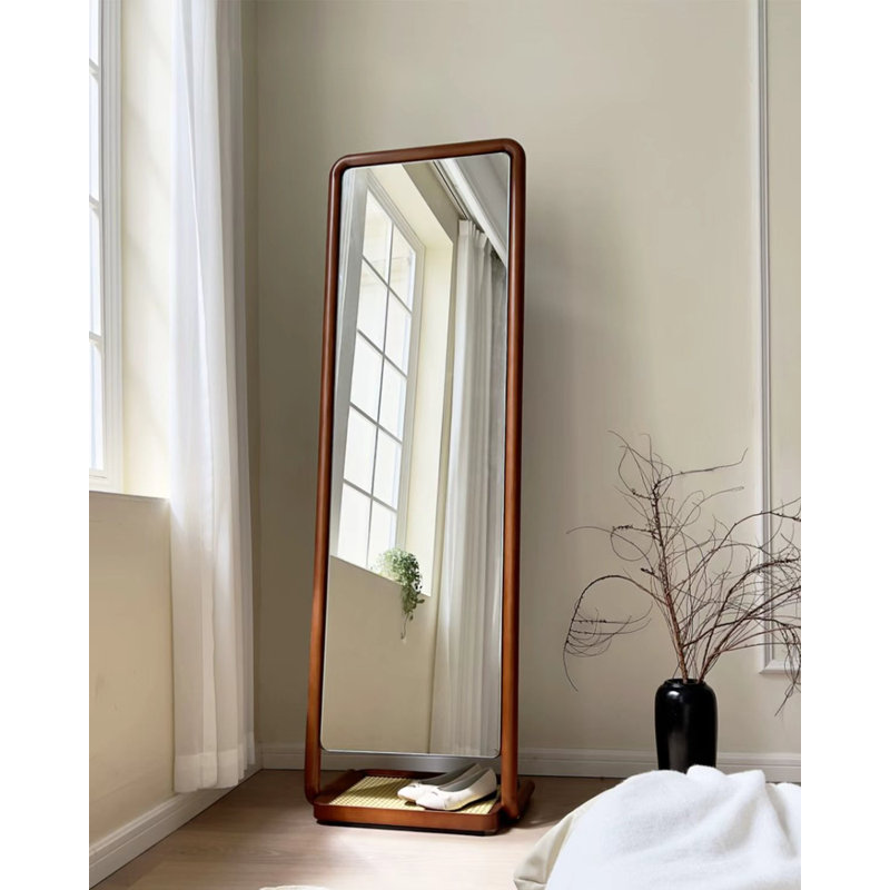 Miroir autoportant élégant en bois de ton noyer avec plateau de rangement pour la maison