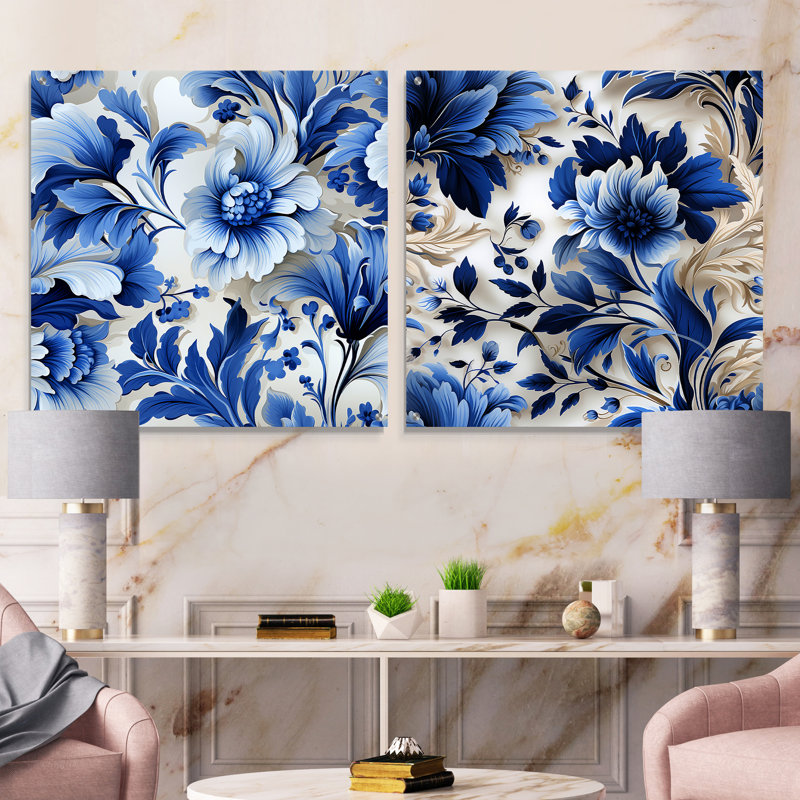 Motif victorien de feuilles d'acanthe bleu cobalt - ensemble d'art mural en acrylique sur verre floral, H 16 po x l 33 po