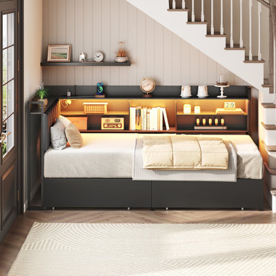 Corner Bed Frame With Bookcase Storage And PU Upholstered, Twin Daybed With 2 Drawers And Charging Station by Ivy Bronx