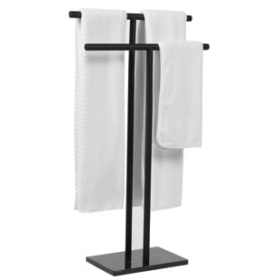 Double T-Shaped Floor-Standing Bathroom Towel Rack - With A Sturdy And Durable Matte Black Marble Base.