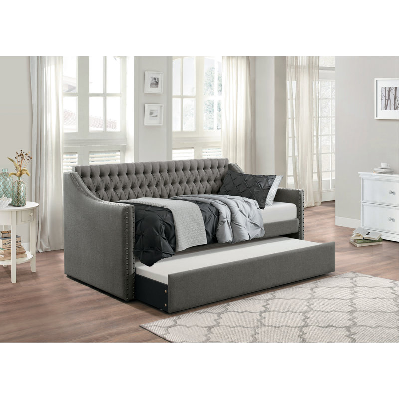Canapé-lit moderne capitonné en tissu gris foncé moderne avec garniture cloutée, Gris foncé
