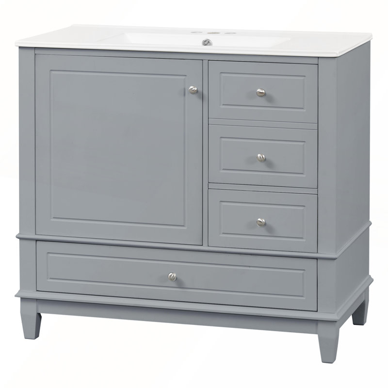 36-Inch Freestanding Bathroom Vanity with Ceramic Sink, Gray, 36"