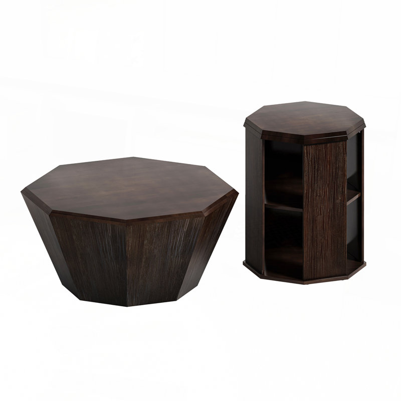 Octagonal Log Color  Rubber Wood Set Of Two Coffee Table, Coffee Table, Living Room Bedroom(Set Of Two Pieces), Walnut