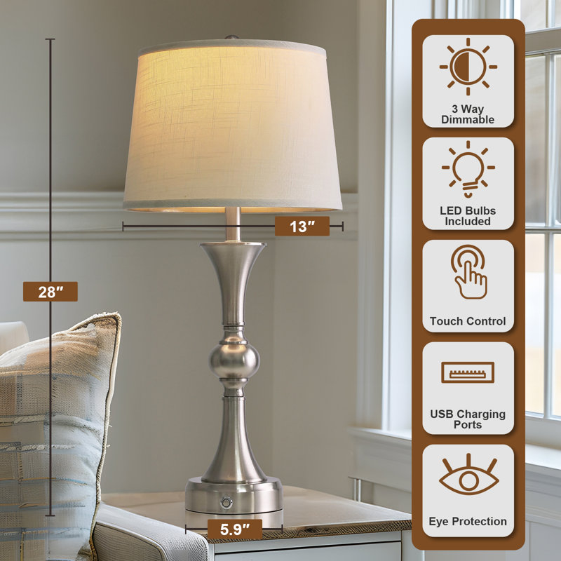 Lampe de bureau simple 28 "avec gradateur tactile USB, salon traditionnel, chambre à coucher et décoration de chevet