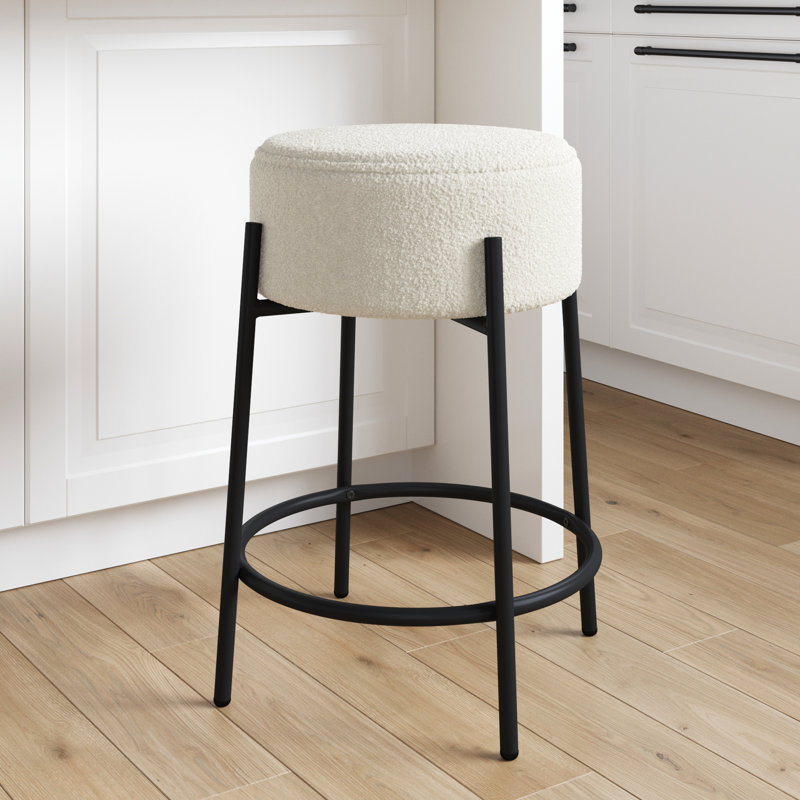 Upholstered Counter Stool with Metal Frame, Counter Stool (24" Seat Height), White Polyester/Matte Black Frame, 1