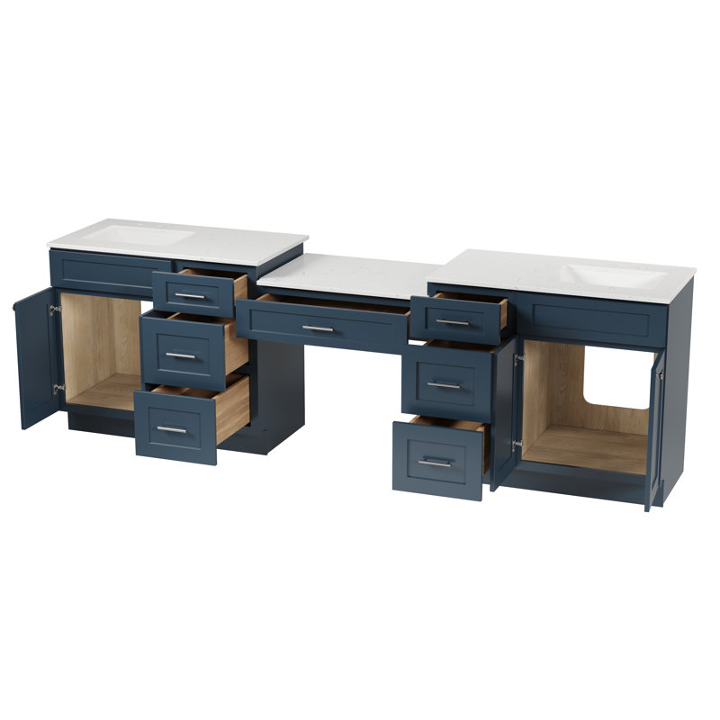 Disar 108" Double Bathroom Vanity With Desk Dovetail Solid Wood Drawer Carrara Quartz Top, Blue