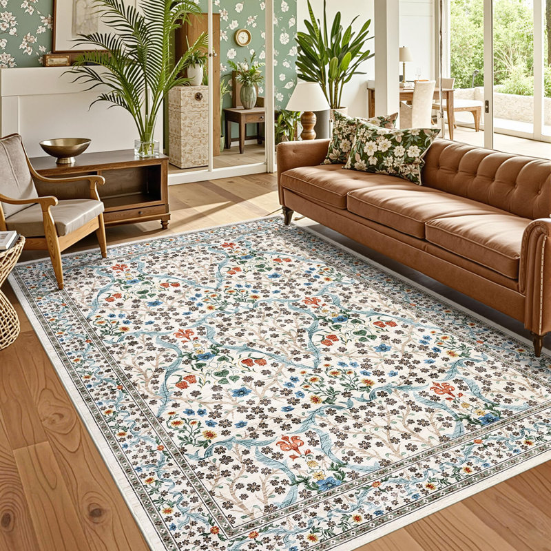 Rectangle Floral Washable Area Rug, Beige, Rectangle 340 cm x 240 cm